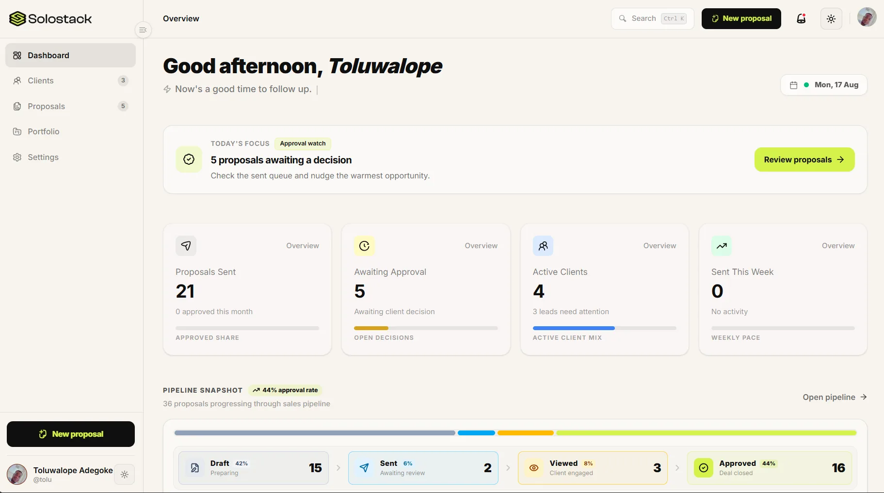 SoloStack dashboard overview for managing freelance work