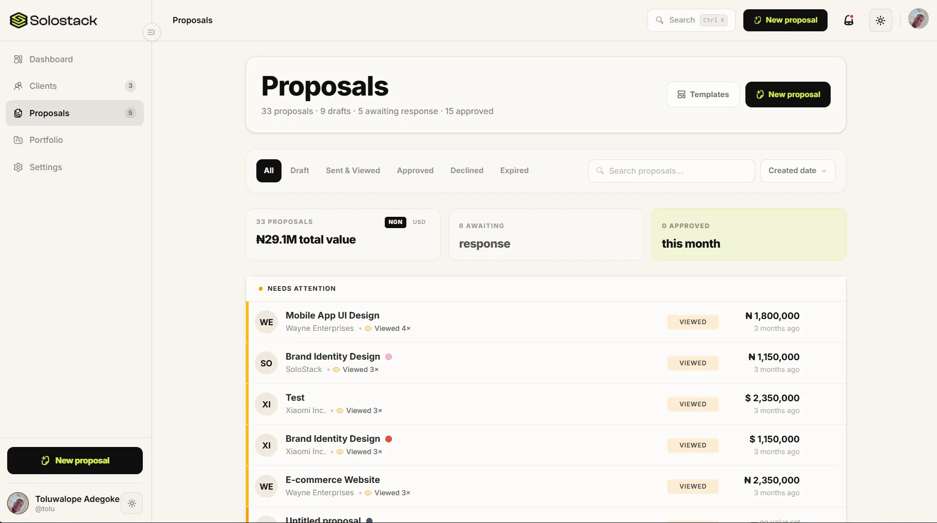 SoloStack proposal page showing freelance work and proposal activity